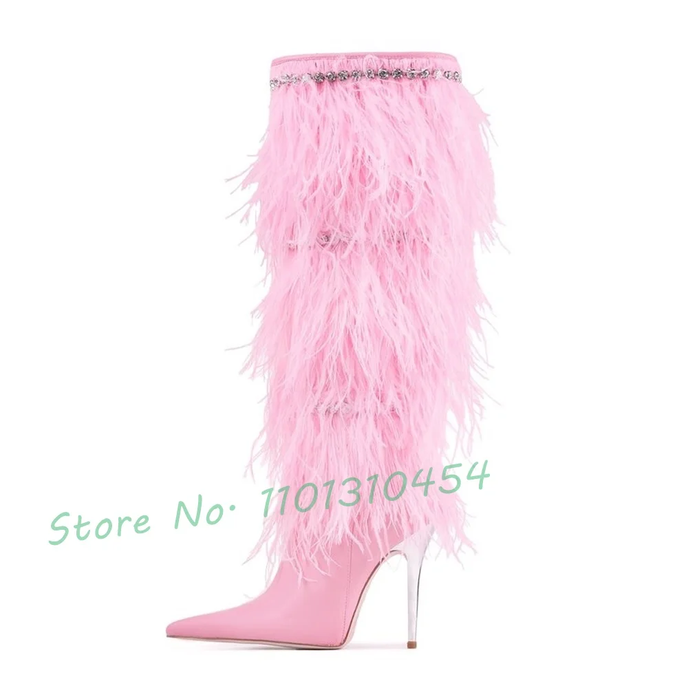 Knee-high Feather Heeled Boots With Jewel Chain Women New In Elegant Pink Long Boots Outfit Hot Winter Party Large Size Shoes