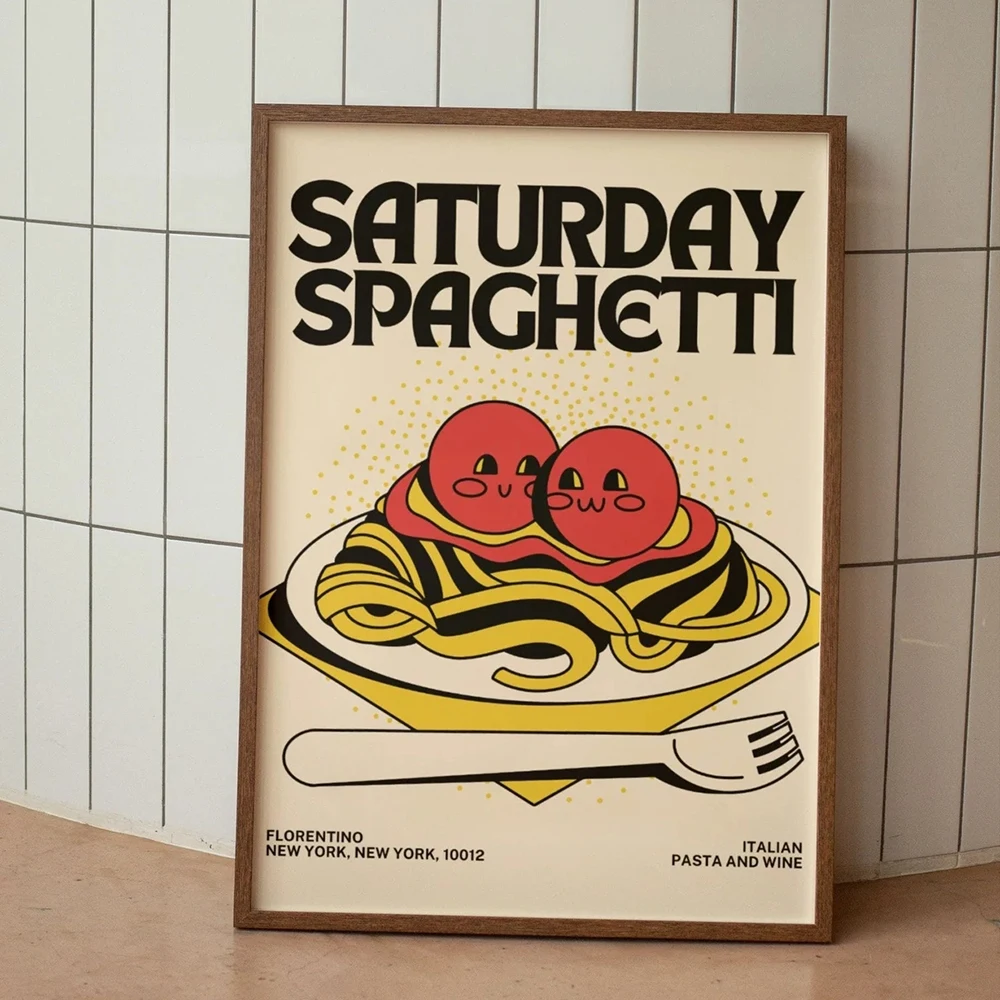 Saturday Spaghetti Poster Art Prints Vintage Kitchen Wall Decor Pasta Trendy Wall Pictures Retro 70s Groovy Canvas Painting