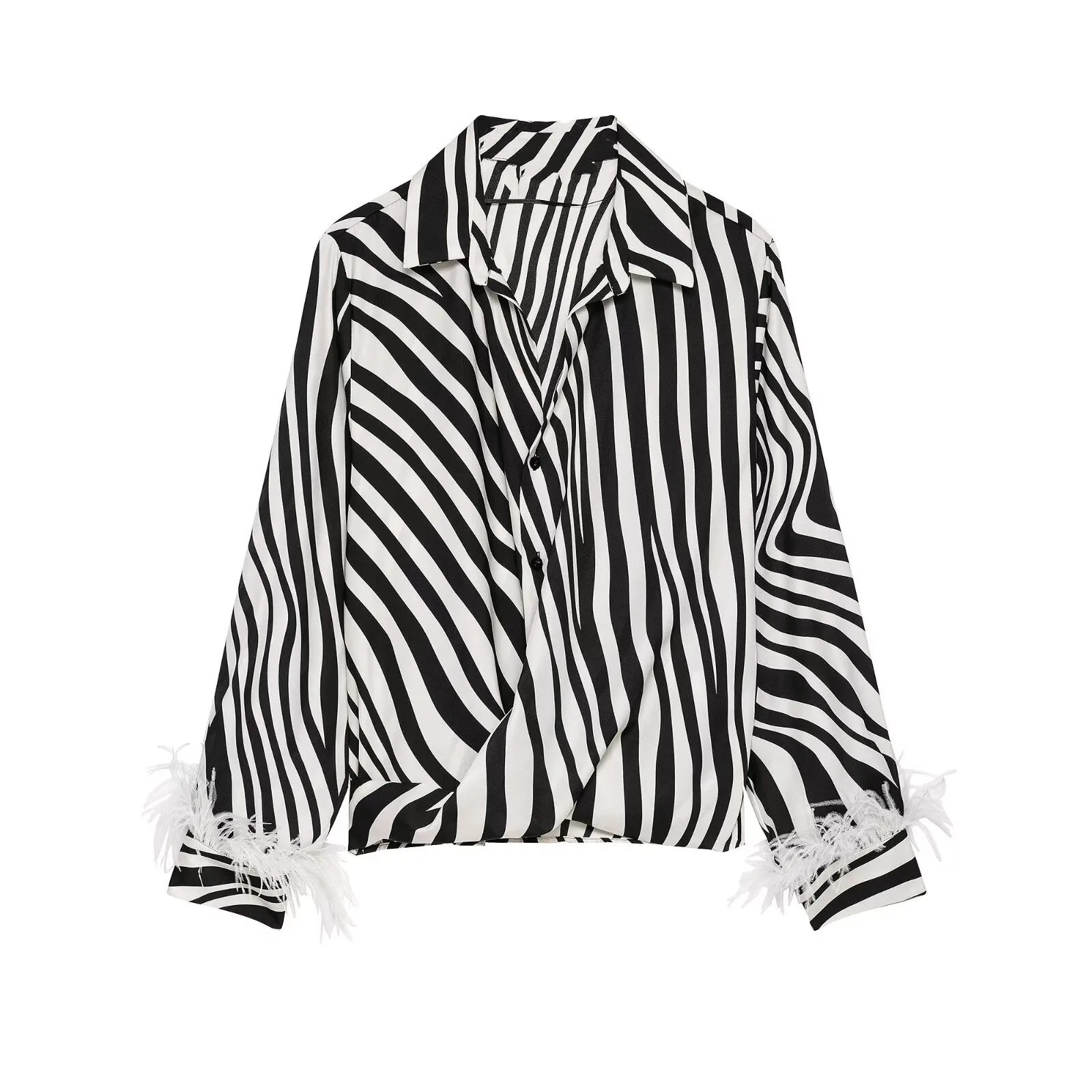 Chic Luxury Zebra Printed Shirt Women Sexy Deep V Neck Top Elegant Feather Long Sleeve Blouses Casual Office Lady Vestido Top