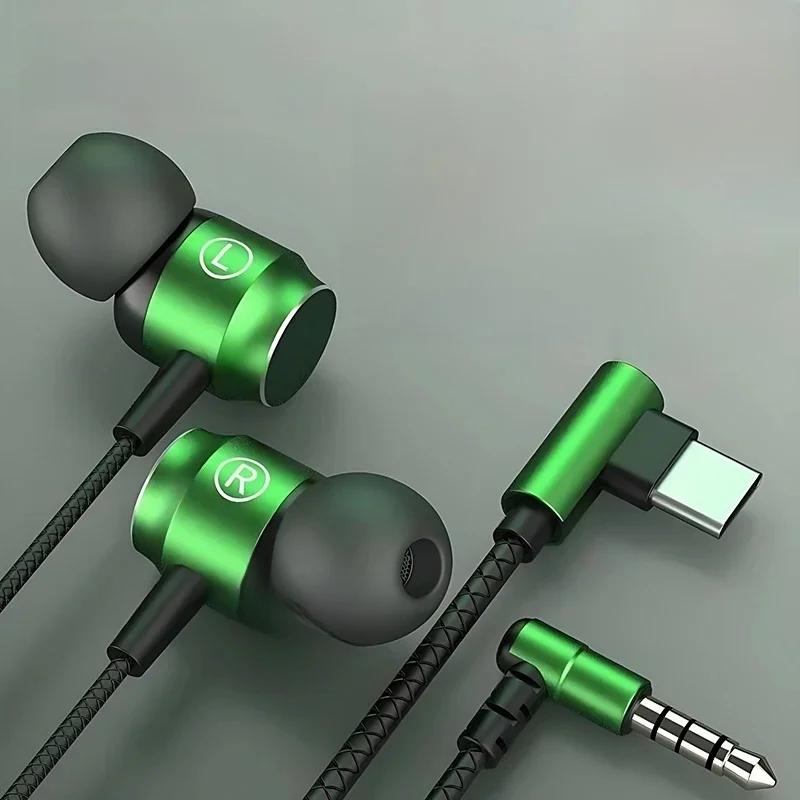 Écouteurs de jeu de basse lourde 9D HIFI 3.5MM AUX/Type-C 90 ° Écouteurs de musique magnétiques en métal coudé L avec casques intra-auriculaires micro pour Android