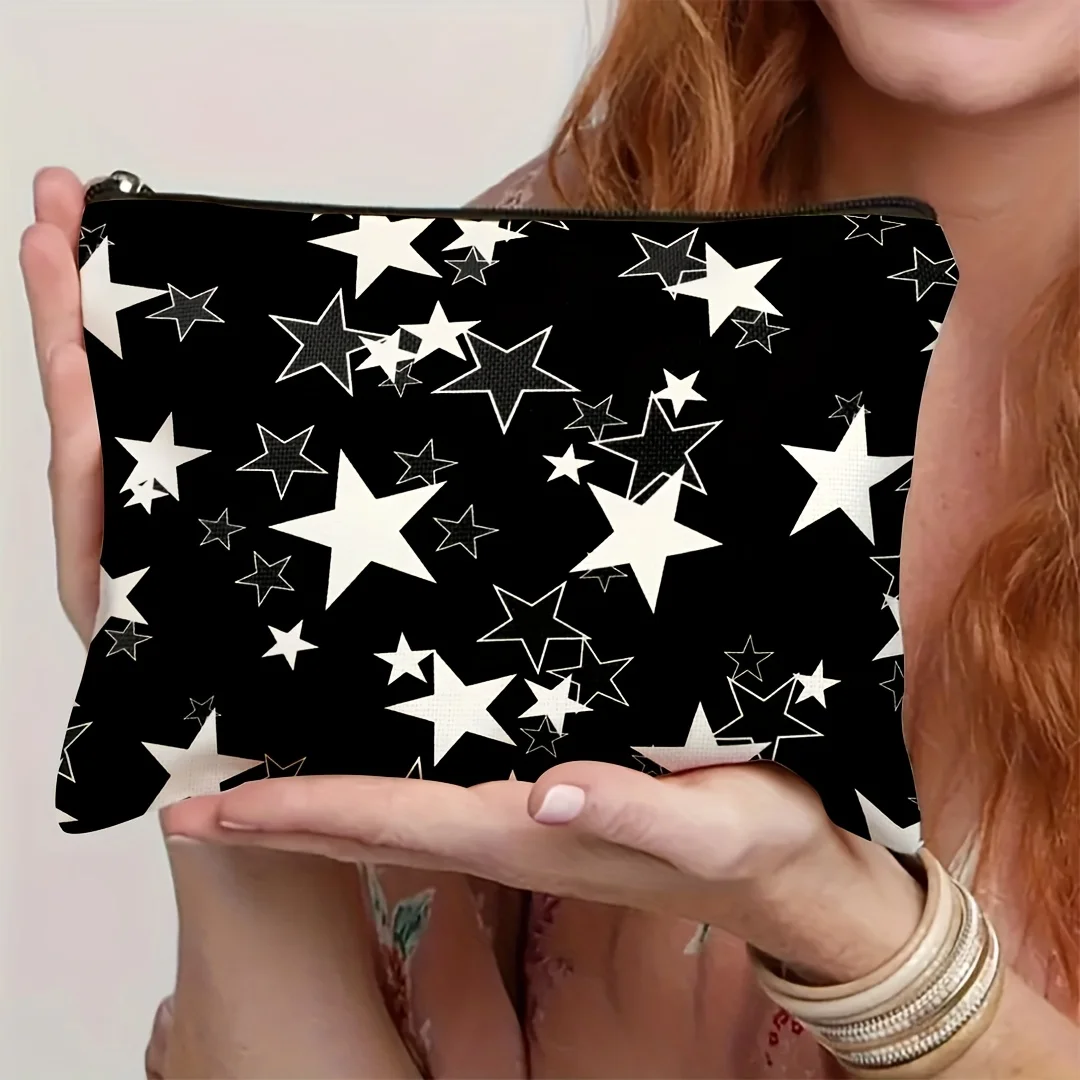 1Pc Elegant Black and White Star Retro Design Multifunctional Travel Makeup Bag, Snack Storage Bag, Stationery Storage Bag, Fashionable Toiletry Bag, Canvas Double-Sided Printed Zipper Pouch