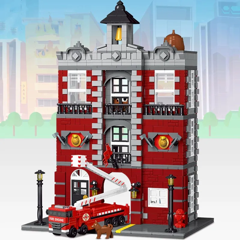 ชุดอาคารสถานีดับเพลิงสไตล์วินเทจ ฉากถนนเมือง สถาปัตยกรรมแบบโมดูลาร์ ชุดประกอบบล็อก ของเล่นเสริมพัฒนาการ ของขวัญ