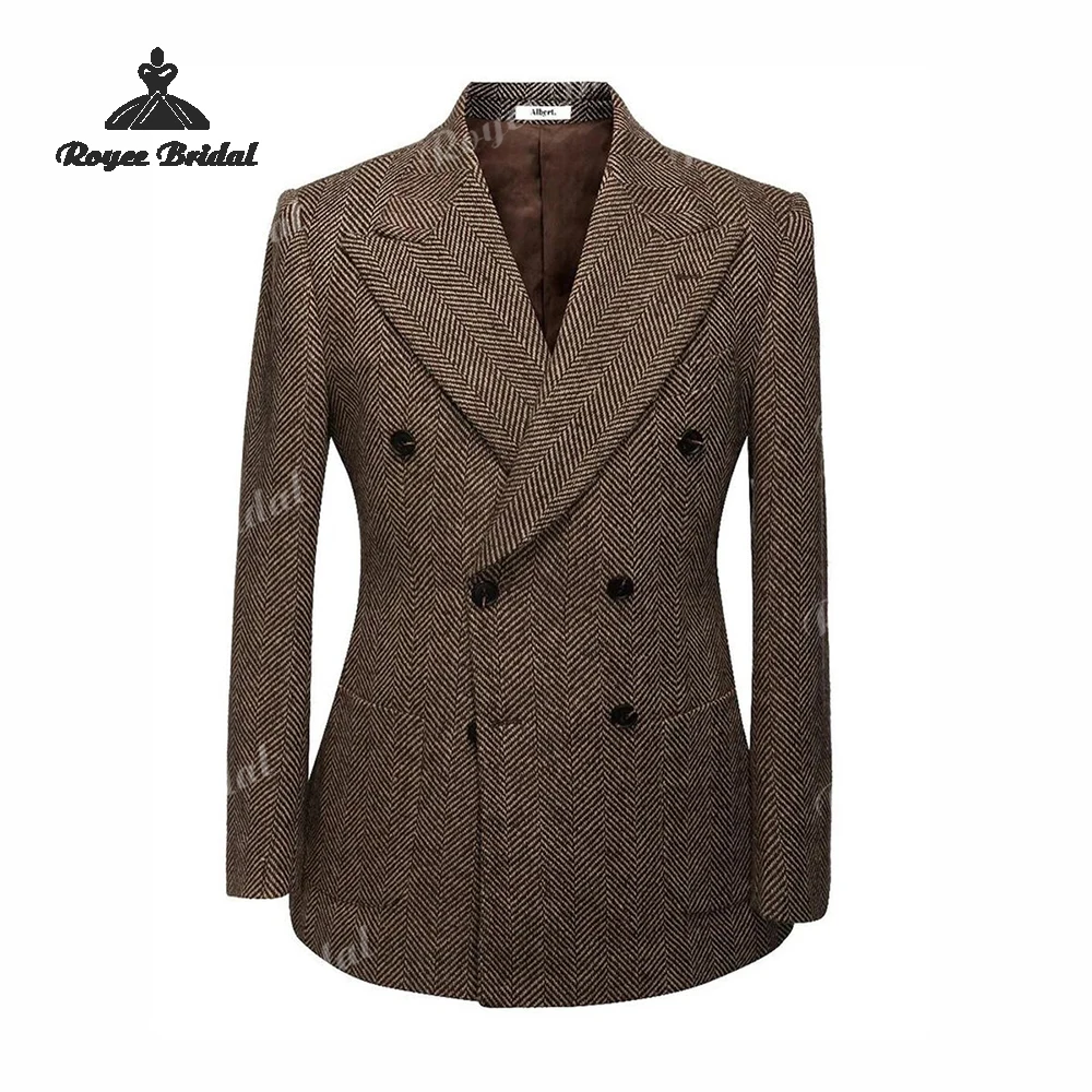 Peak Lapel Two Piece Double Breasted  Men's Suit Wedding 2026 Brown Herringbone Slim Fit Business Suit costume homme mariage