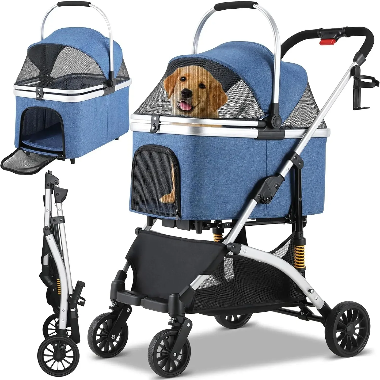 4in1 kinderwagen voor huisdieren Afneembare reistas en autostoeltje, aluminium frame 4-wieler reiskinderwagen voor hond en kat - afbeelding 2