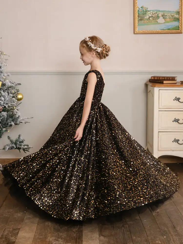 Robes de demoiselle d'honneur en tulle à paillettes pour filles, robe de soirée à fermeture éclair simple pour enfants, vêtements de cérémonie de mariage