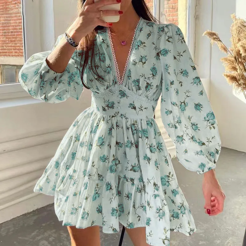 Women Casual Floral Print Mini Dress New Fashion Cozy Long Sleeve Deep V High Waist A-Line Dresses Beach Vacation Sweet Vestidos