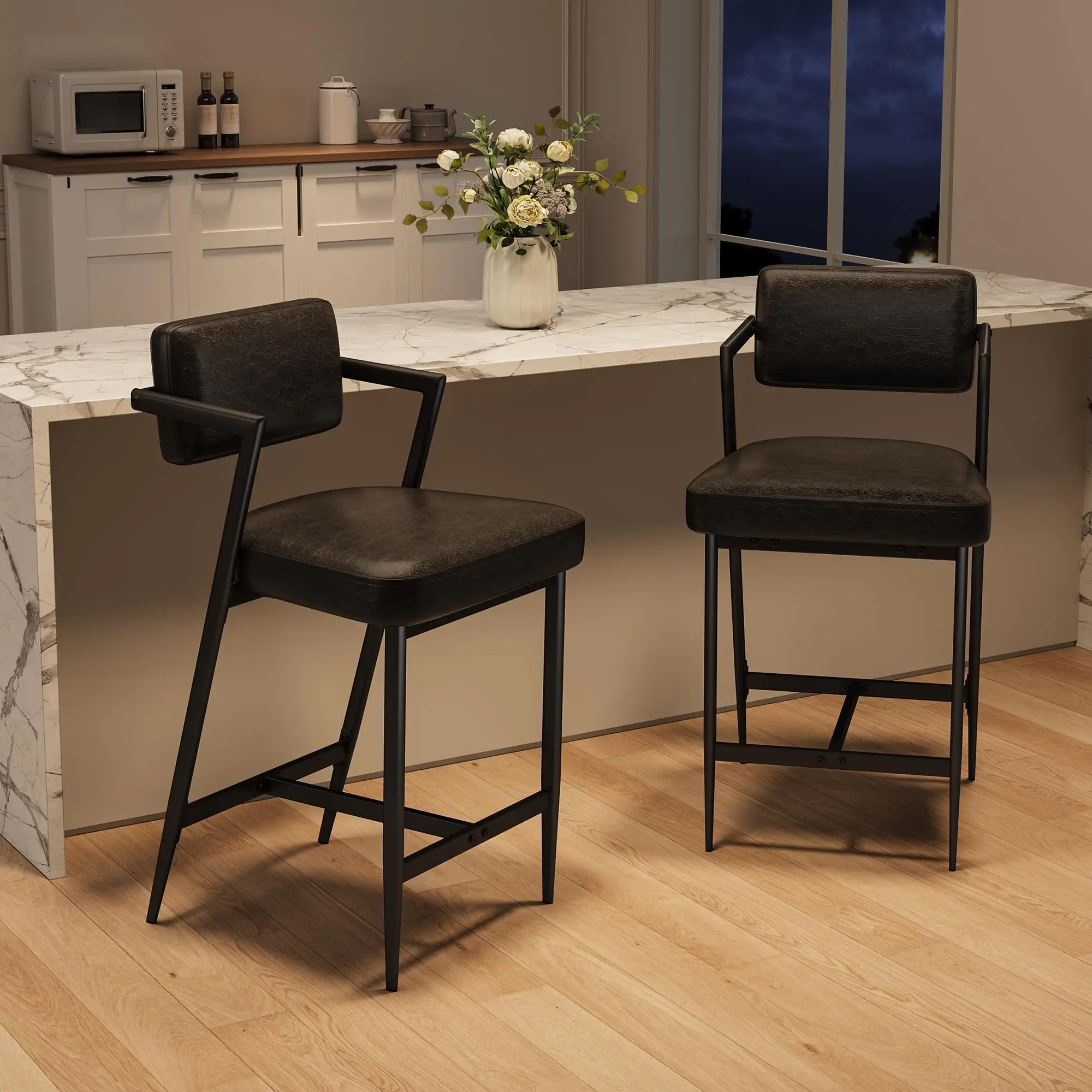 Tabourets de bar en cuir PU, 2 pièces, chaises de salle à manger rembourrées avec accoudoirs, dossier et repose-pieds, tabouret de bar avec pieds en métal pour salle à manger et salon, 42x53x96cm