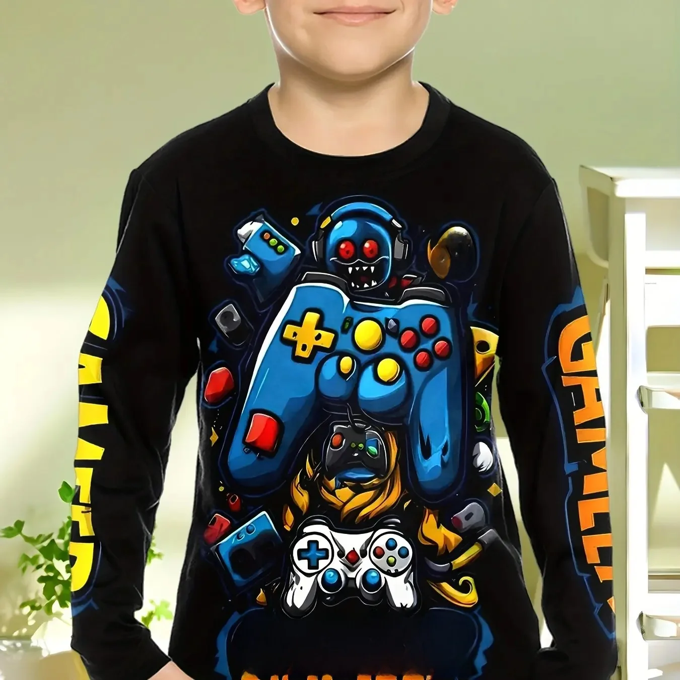 Vêtements pour enfants garçons t-shirt à manches longues Cool manette de jeu motif imprimé enfants printemps automne vêtements nouveauté garçon vêtements haut col en o