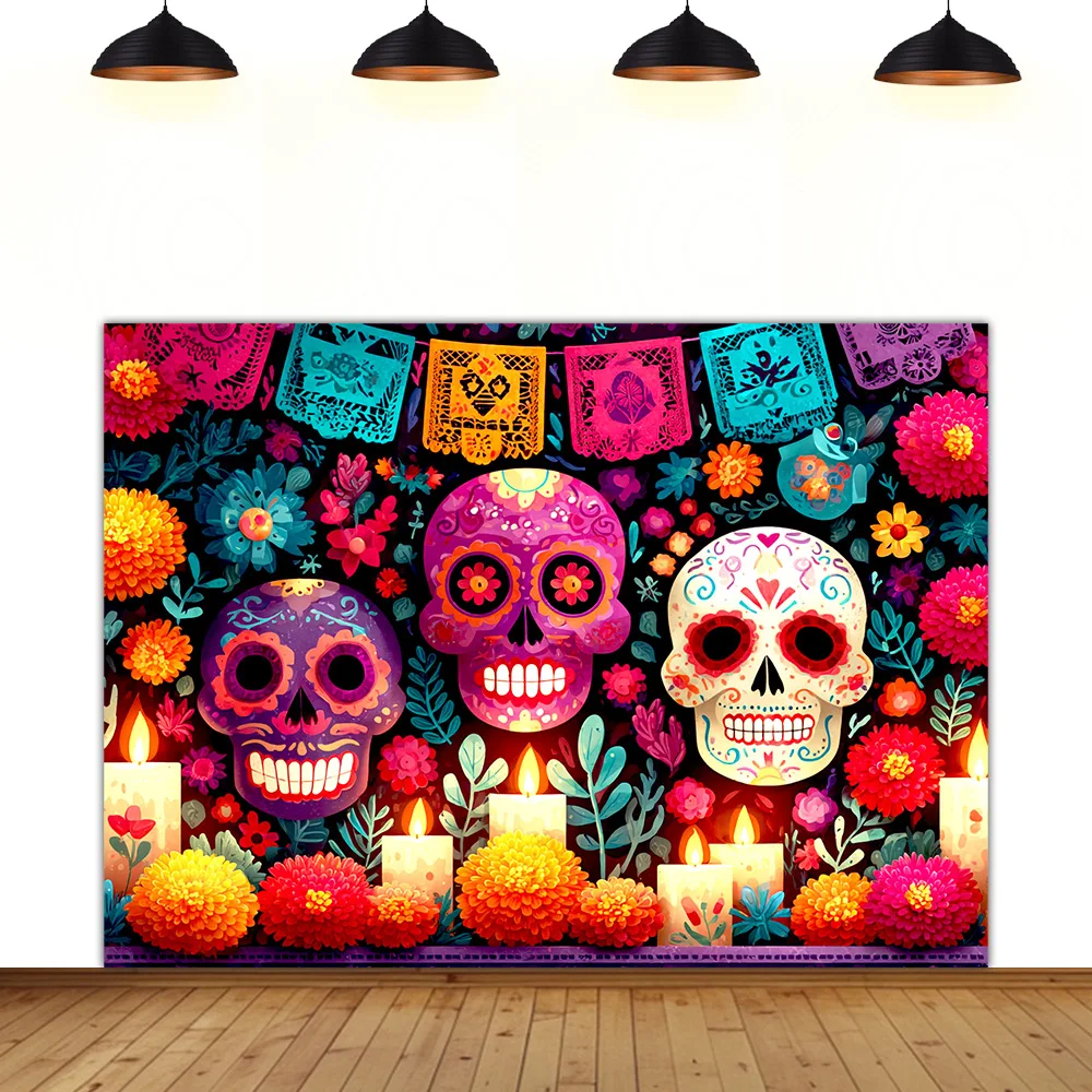 

Day of the Dead theme background party skull Tagetes erecta Purple; Mexico decoration festival photo photography backdrop