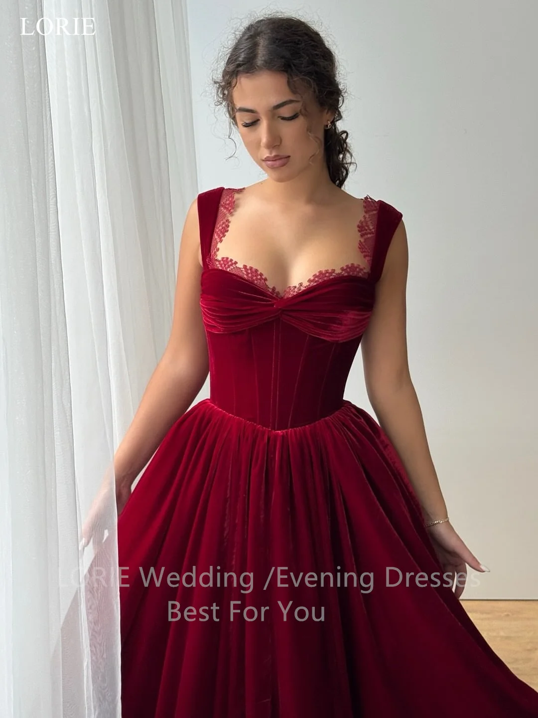 

LORIE Exquisite Burgundy Sweetheart Party Dresses Lace Velvet Spaghetti Strap Evening Prom Dress Corset Prom Gown Customized
