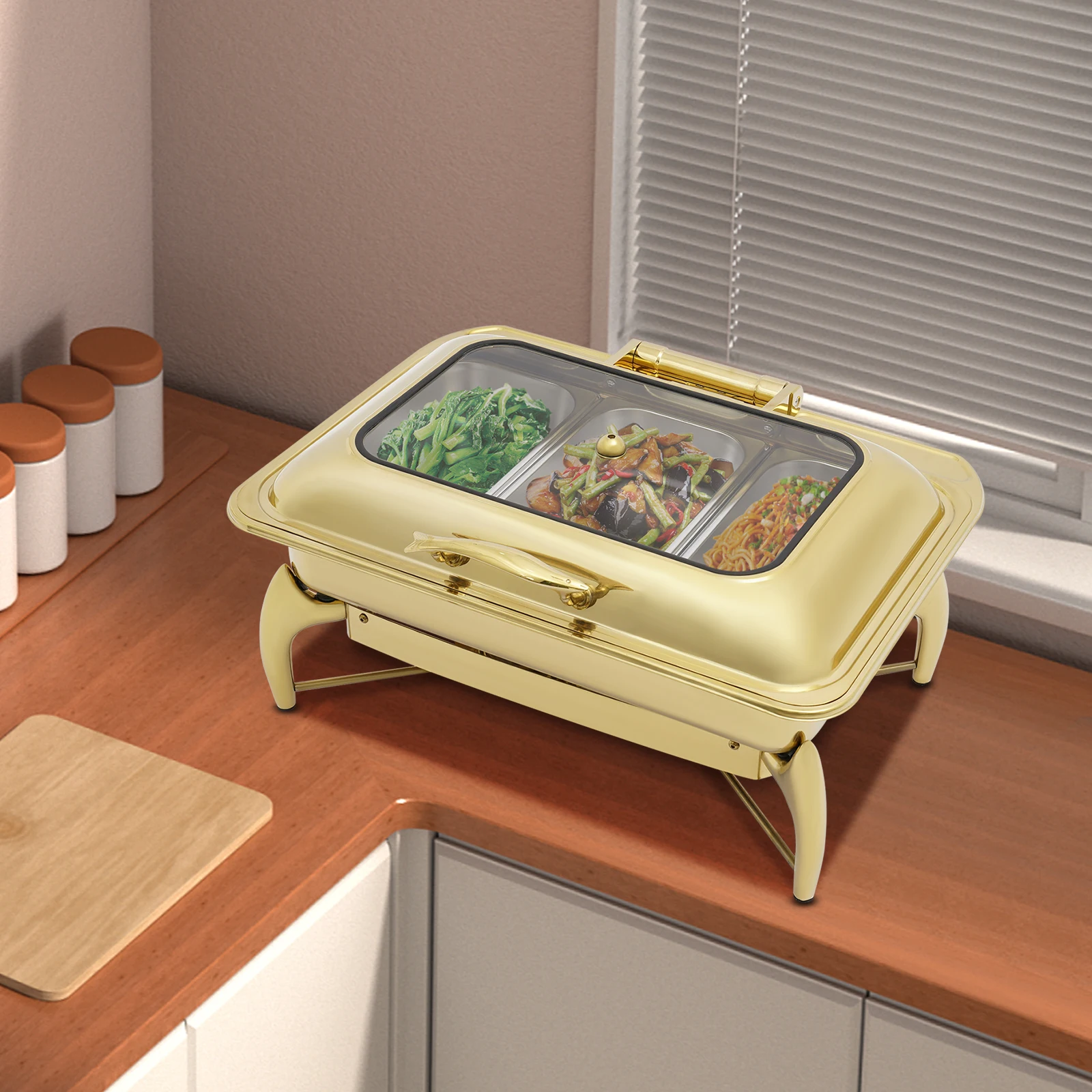 

Набор буфетного стола с 3 отделениями, подогреватель еды на спиртовое топливо емкостью 3 л, набор для сервировки банкетов из нержавеющей стали