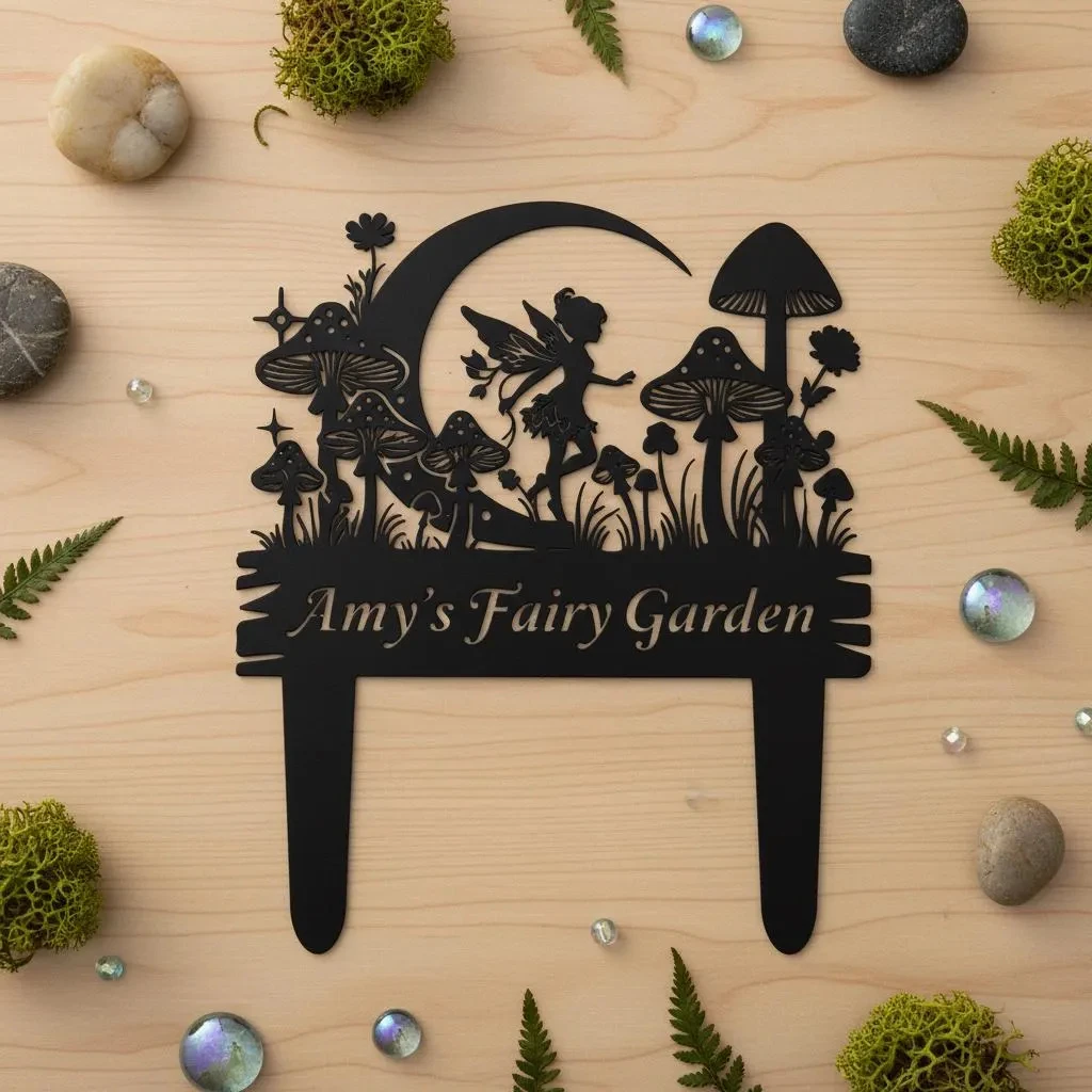 Custom Fairy Garden Name Sign,Personalized Metal Garden Name Stake,Custom Floral Garden Sign,Outdoor Garden Name Stake