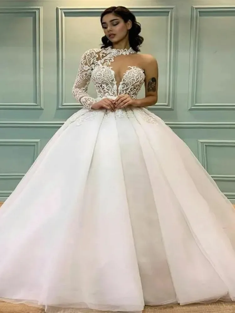 Princess A-line Wedding Dress One Shoulder Long Sleeves Appliques Lace Up Back Bohemian Bridal Gown Vestido De Novia