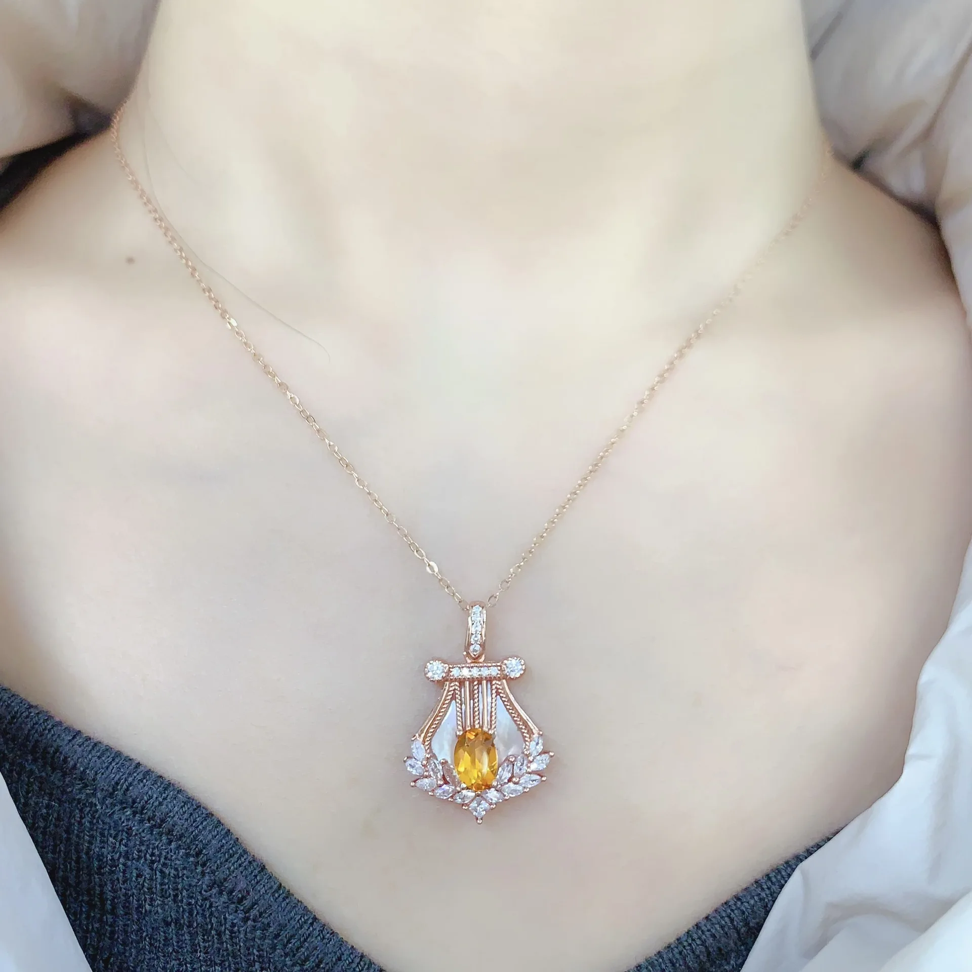 Jewelry Girl Pure Natural Yellow Crystal Necklace Pendant 925 Pure Silver Plated 18K Rose Gold Only Christmas Gift Girlfriend - view 5