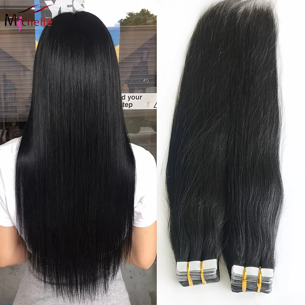 

20 шт. прямых накладных прядей из натуральных человеческих волос, бесшовные, на ленточной основе, бразильские, натурального черного цвета, для женщин