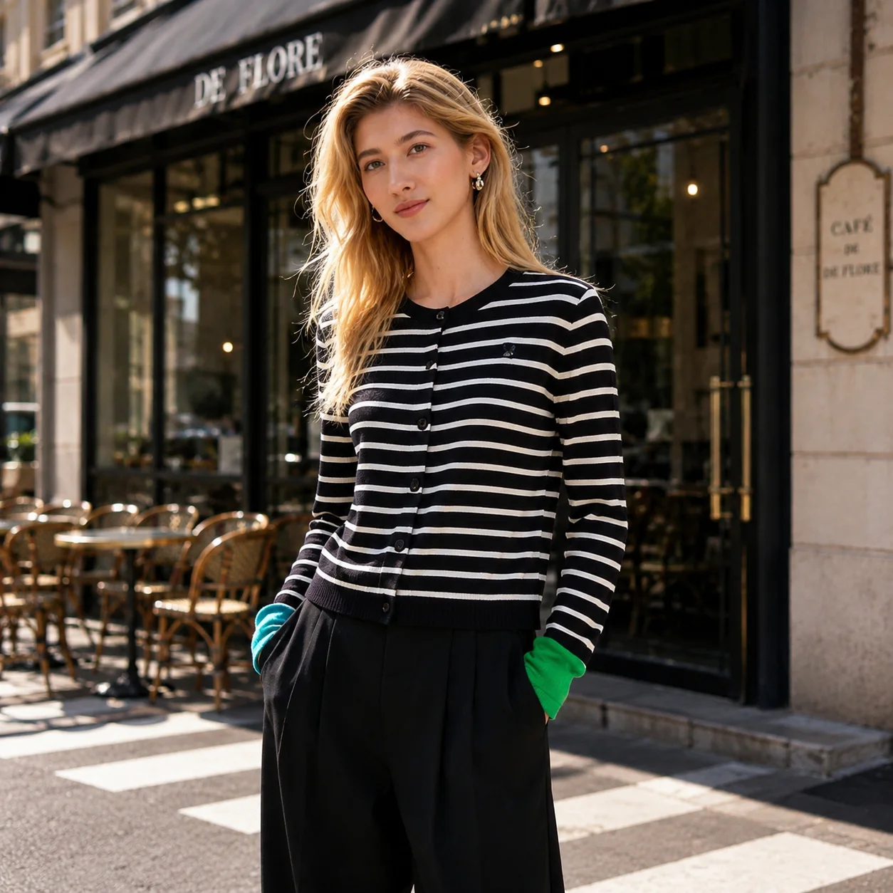 

Cotton striped sweater for women, with a classic college style, featuring a knitted open cardigan with a round neckline.