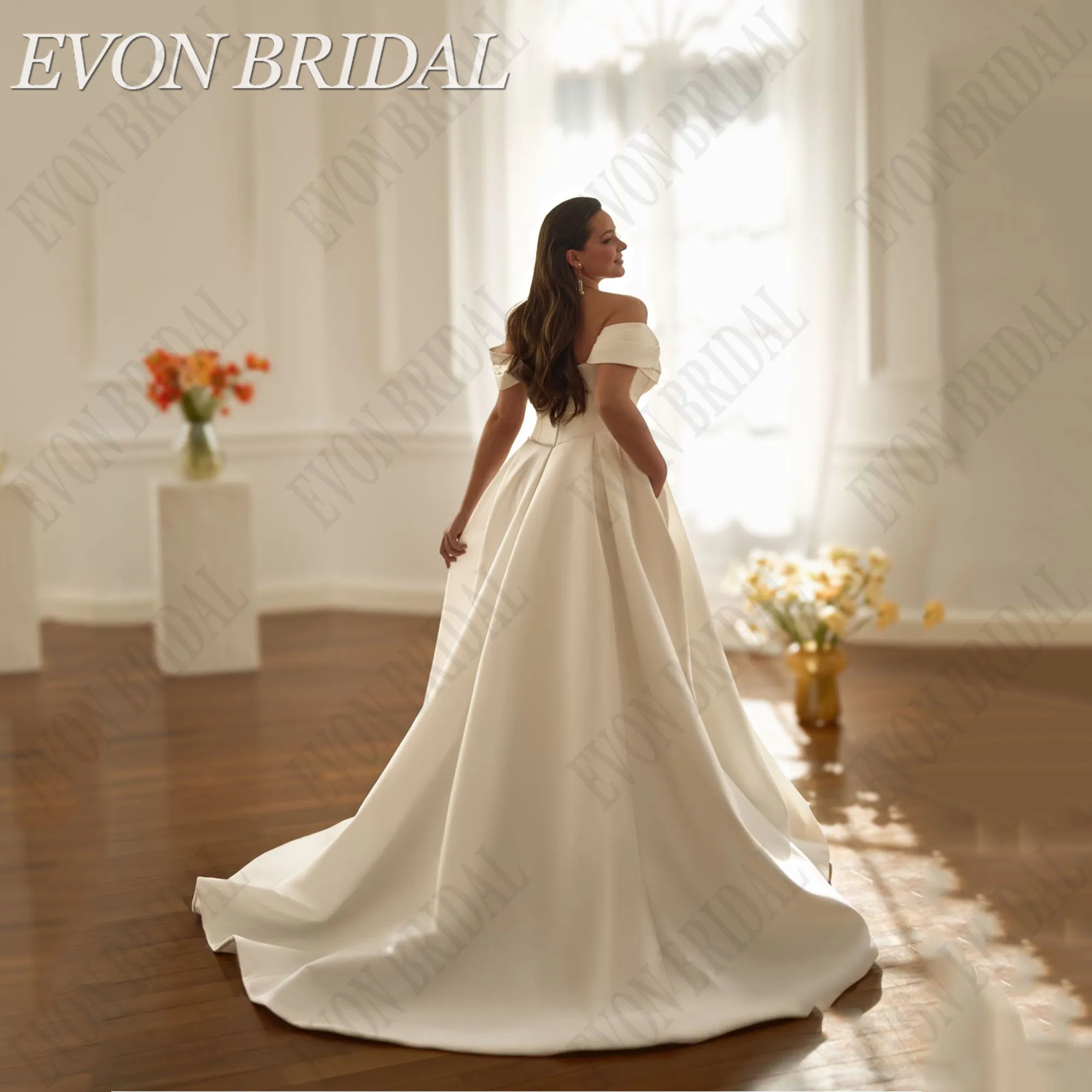 EVON BRIDAL Elegantes A-Linie Brautkleid Plus Size Frau Satin Brautkleider Schulterfrei U-Boot-Ausschnitt Brautkleider MaßgeschneidertEVON BRIDAL Elegantes A-Linie Brautkleid Plus Size Frau Satin Brautkleider Schulterf