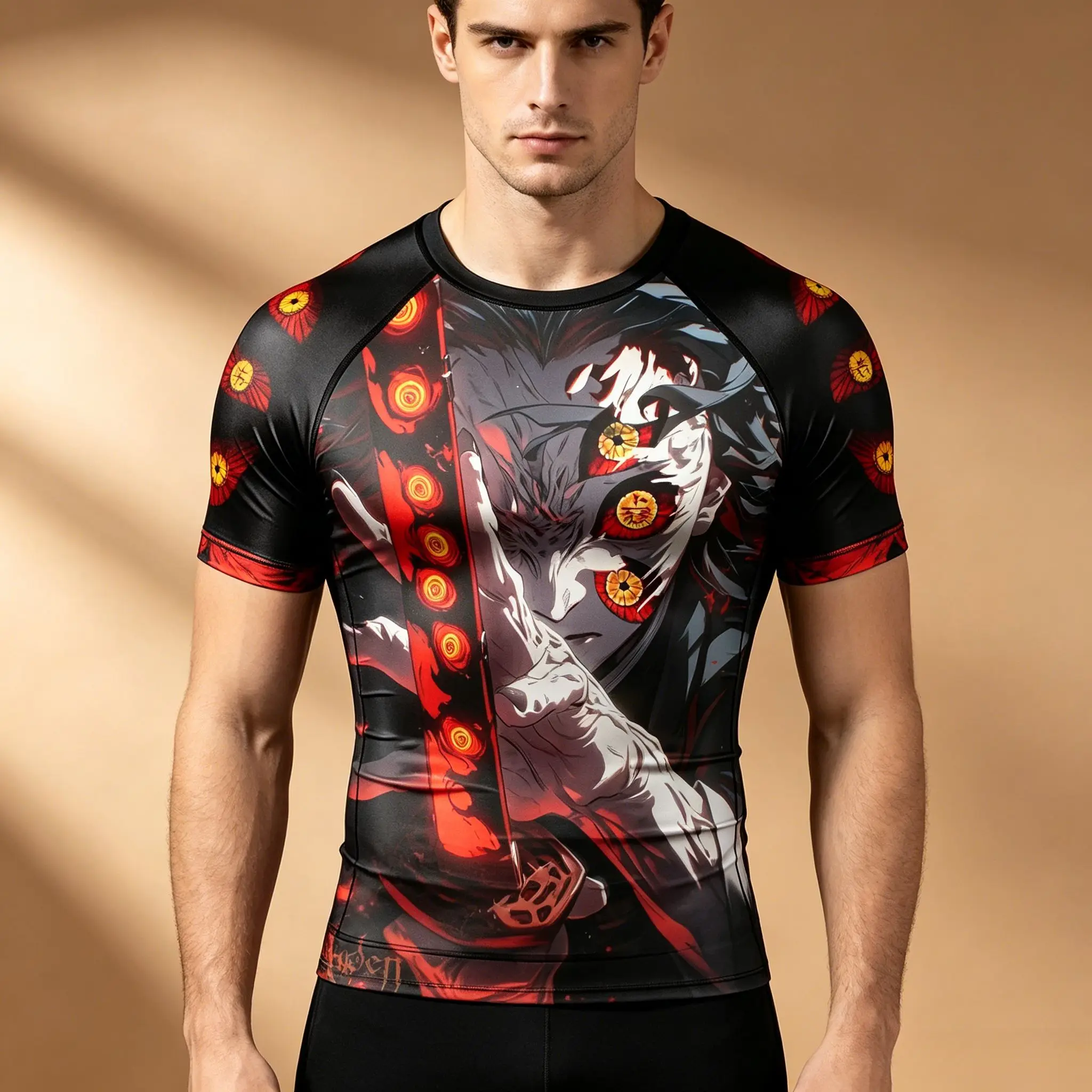 Herren Demon Slayer Kokushibo Doppelseitiges Kompressions-Rashguard, Multi Eyes Anime Kurzarm-Workout-T-Shirt