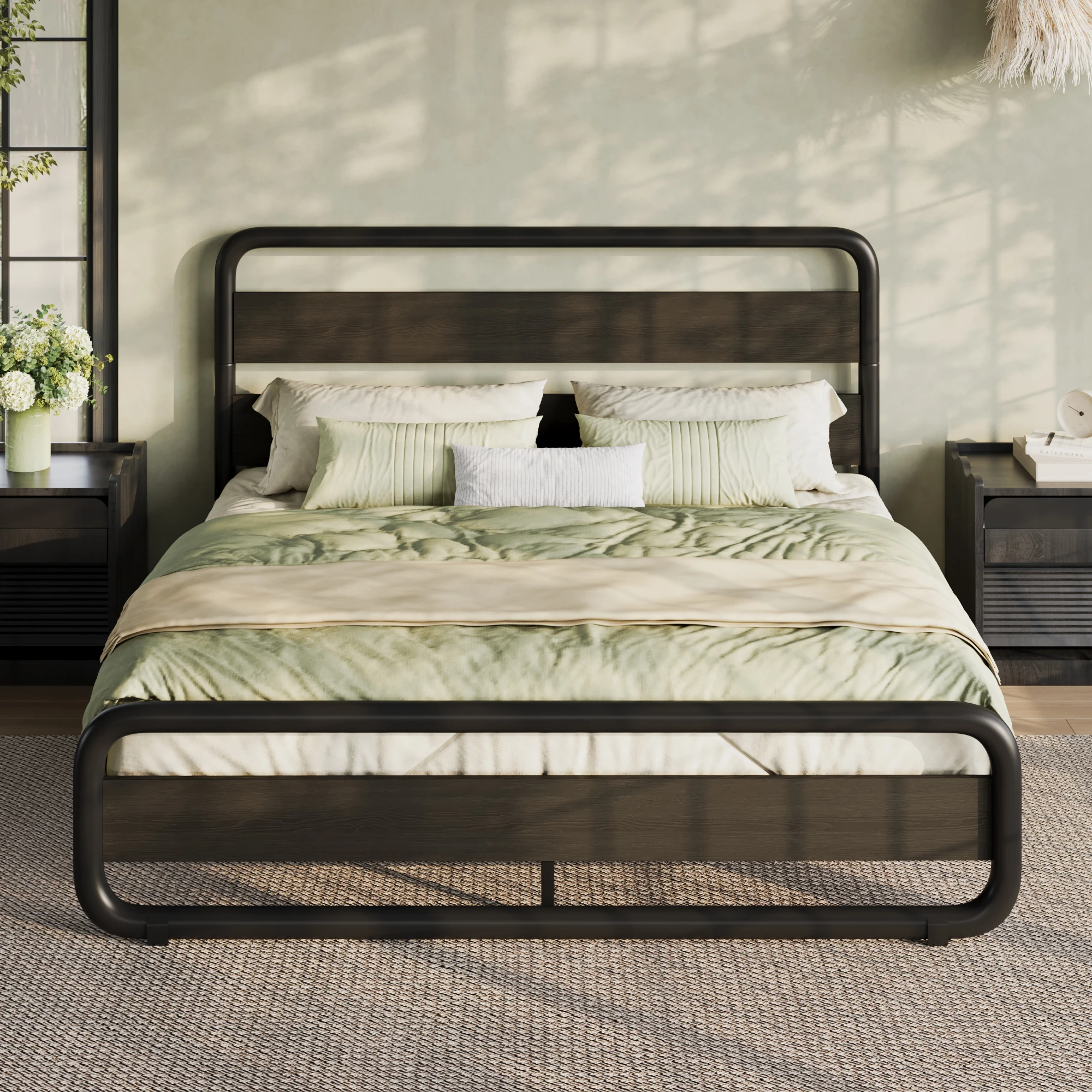 HOOMIC Metal Bed Frame with Curved Wooden Headboard & Footboard, Heavy-Duty Platform Bed with Ample Under-Bed Storage Allewie