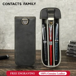 CONTACTS FAMILY Retro Genuine Leather Pen Case Brass Buckle Box Pencil Case Fountain Pen Holder with Remove Pen Slots