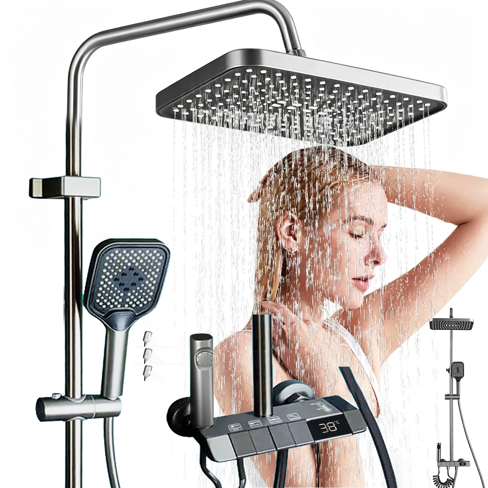 Système de douche LED pour salle de bain, ensemble de pommeau de douche à boutons piano avec affichage numérique, contrôle de l'eau chaude et froide, mitigeur de robinet de baignoire à effet pluie, finition miroir de luxe, kit de douche mural pour salle de bain moderne.
