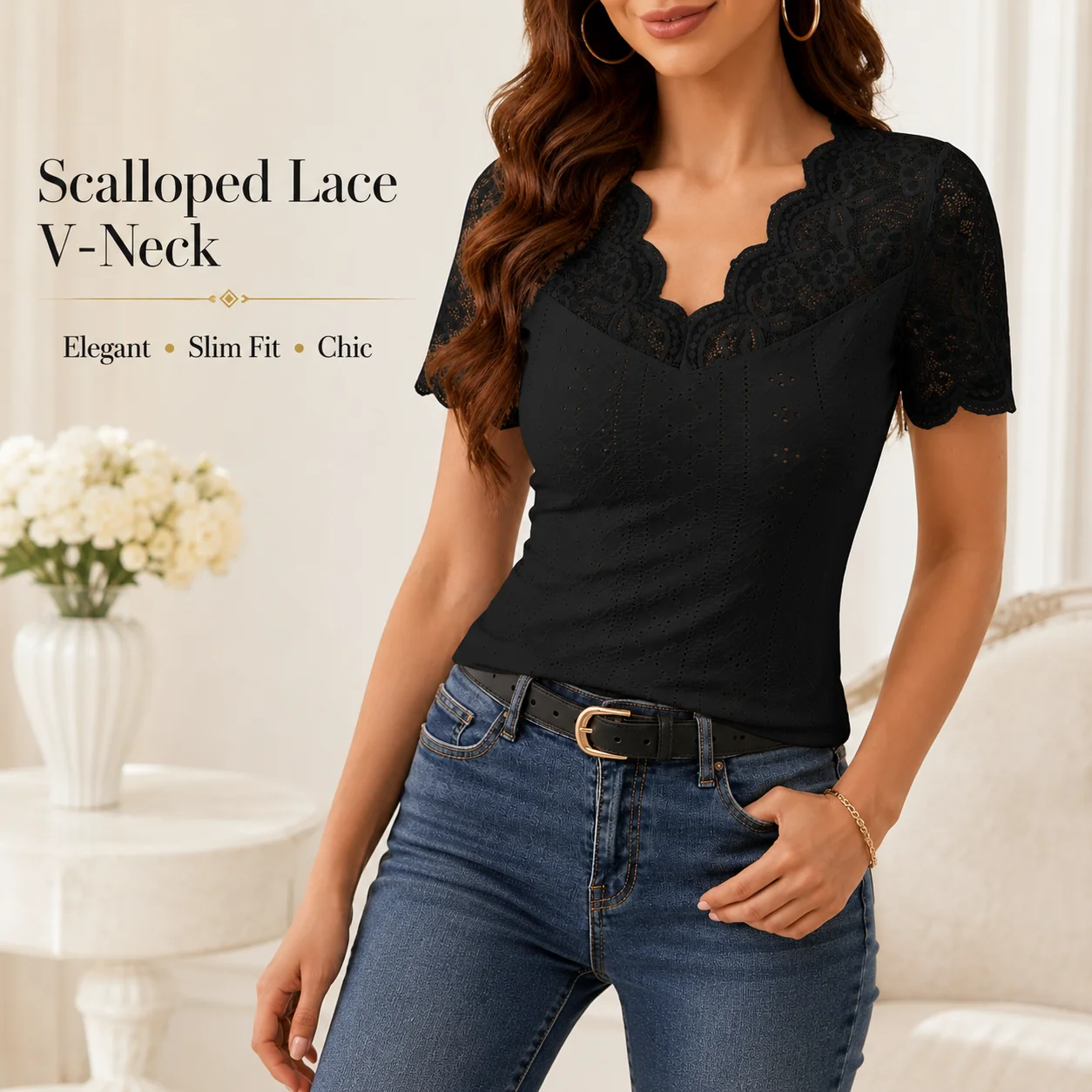 Women Lace V Neck Blouse Short Sleeve Slim Fit Elegant Summer Top Casual Office Lady Shirt