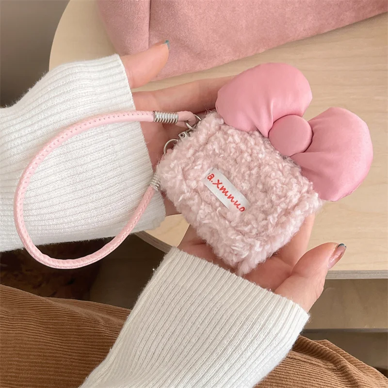 Cute Bow Plush Earphone Case For Apple Airpods 4 3 2 Cover with Hand Strap Kawaii Fluffy Headphone Charging Cases For Airpod Pro