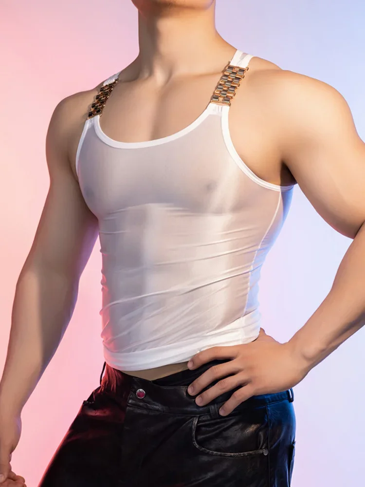 Sexy Men Oil Glossy Shiny Tank Tops Stain Smooth Strap Vest Sheer See Through Fashion Top High Elastic Sleeveless Shirt — zdjęcie 2