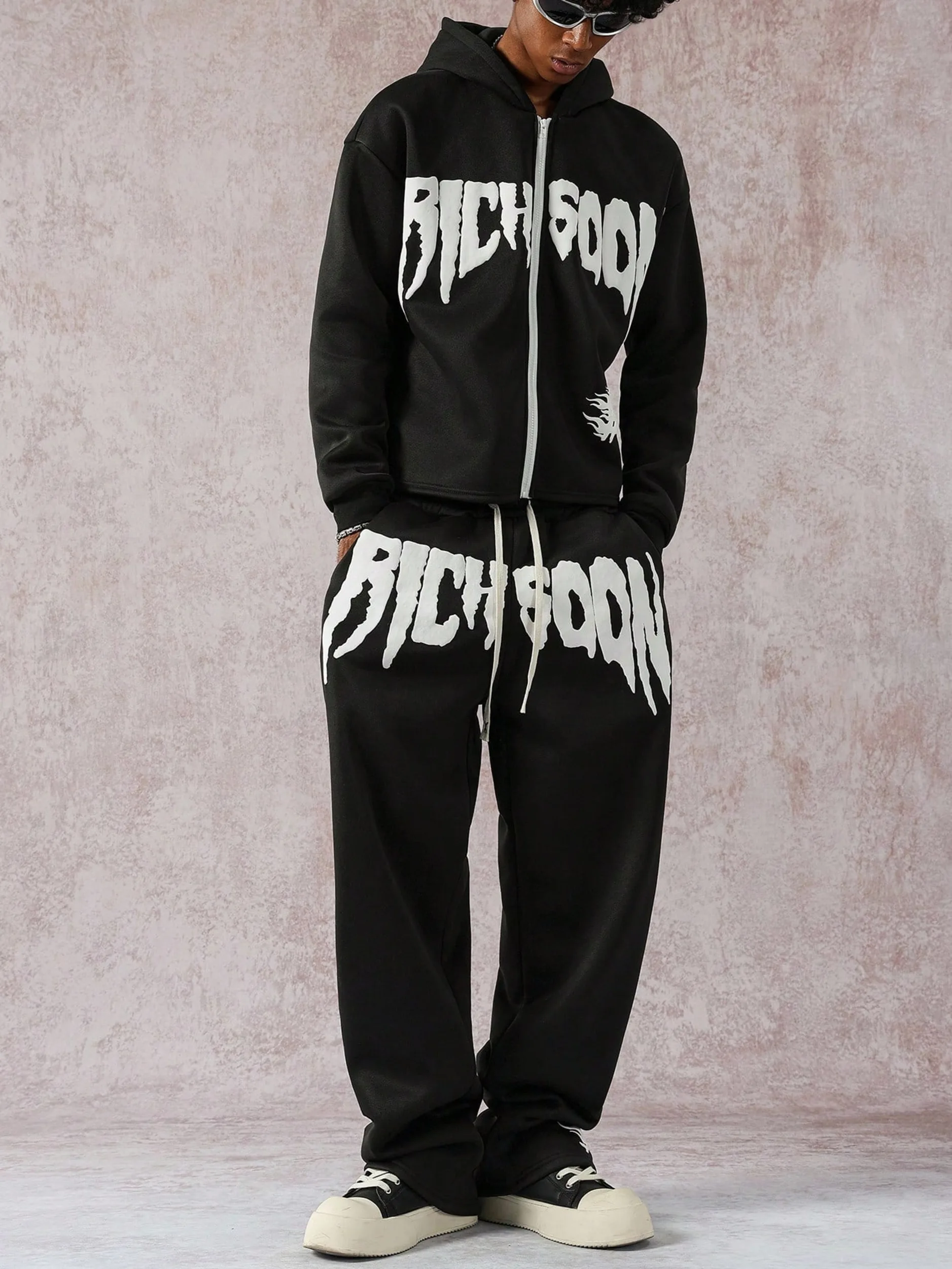 

Comfortable Versatile Black Casual Pants RICH BOON WhitePattern Fashion Street Look Back To School BaggySweatpants Men Menswear