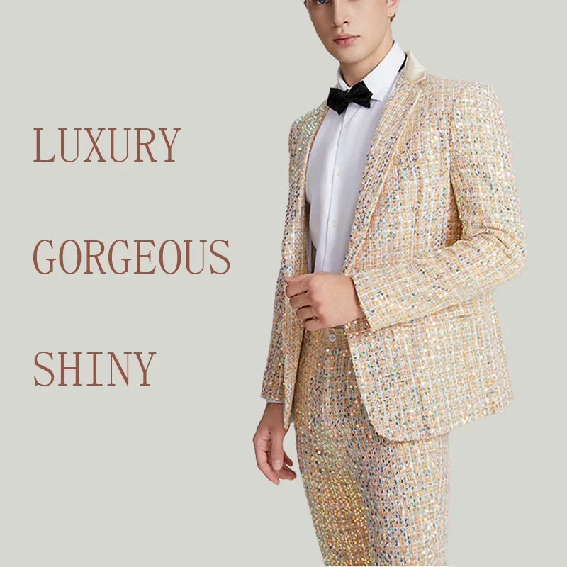 

Men Suit Cocktail Party Graduation Wedding Dress 2024 New High Quality Shiny Champagne Color Luxury Host Outfit Business Coat