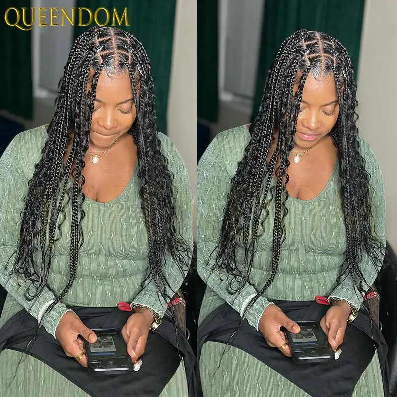 32 بوصة بوهو صندوق مضفر مجعد الاصطناعية كامل الدانتيل شعر مستعار أمامي للنساء السود آلهة فو Locs جديلة شعر مستعار البوهيمي نمط #1