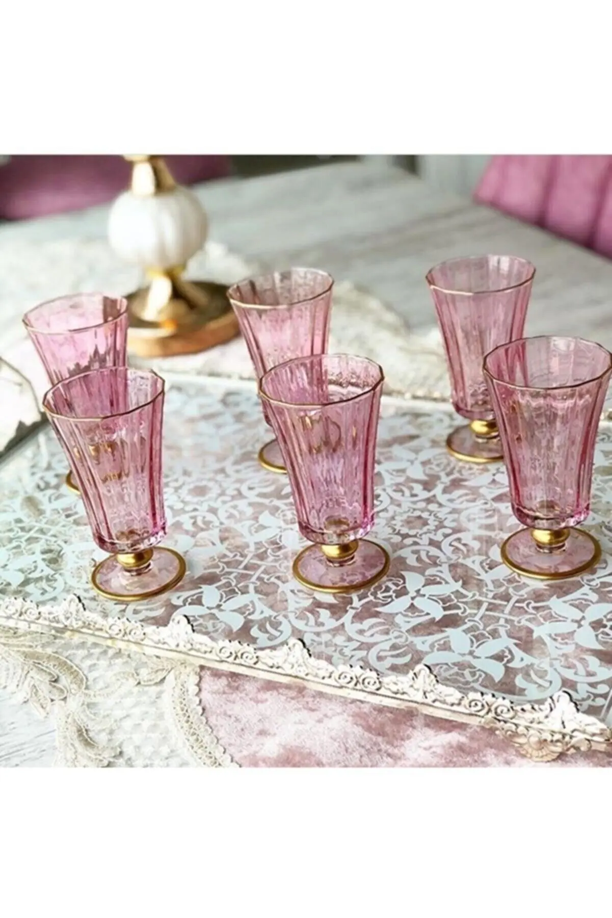 

Set of 6 Hand Decorated Gold Gilded & Colored Diamond Coffee Side Water Glass Classic Elegant Colored Glass Set