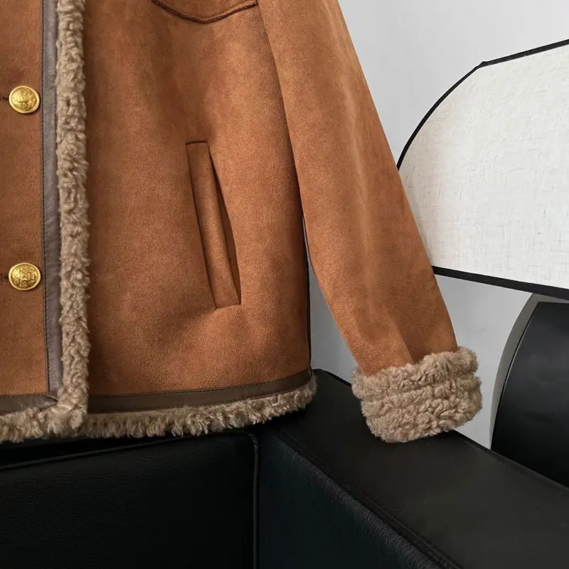 Round Neck Motorcycle Women's Warmth Jacket Female Autumn Winter New Lamb Deer Fur Top Trend Coats