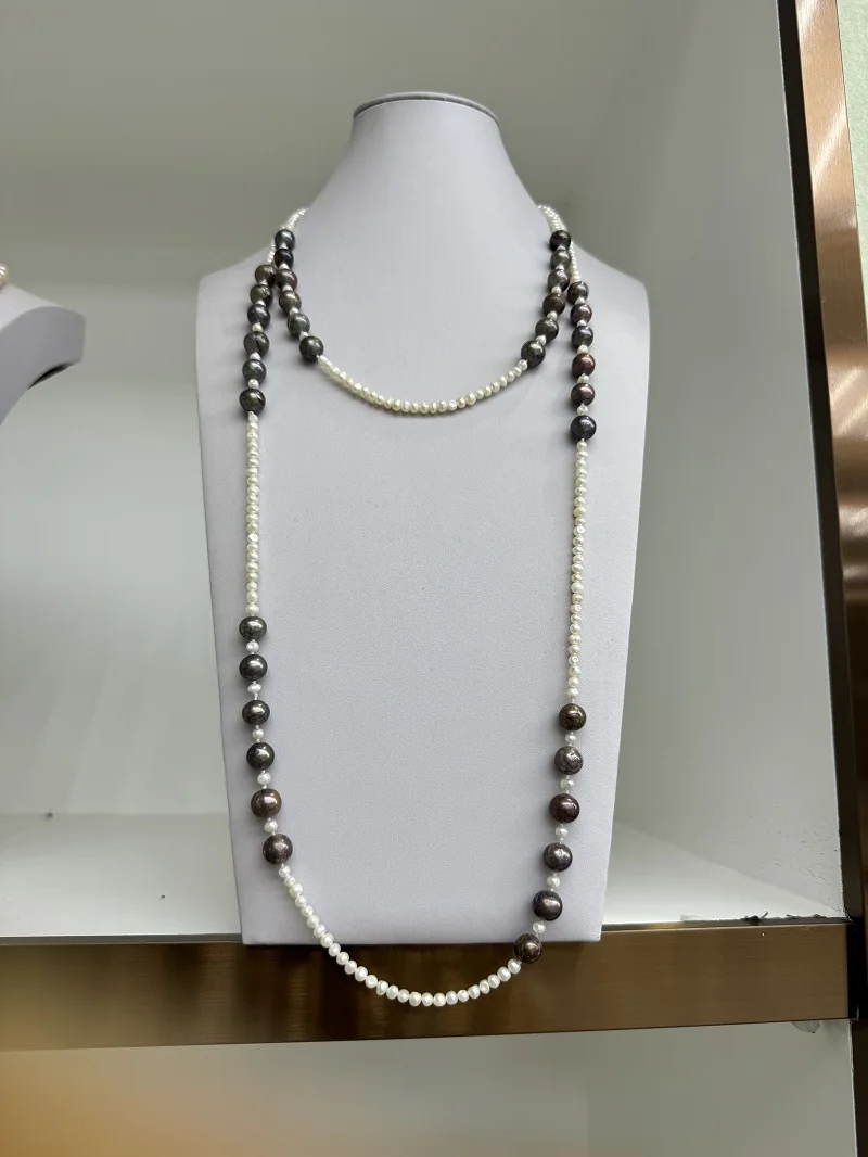 

Dainty Exotic Design Genuine Natural 48" White 4-5mm Black 9-10mm Seawater Multicolor Pearl Necklace Sterling Silver 925