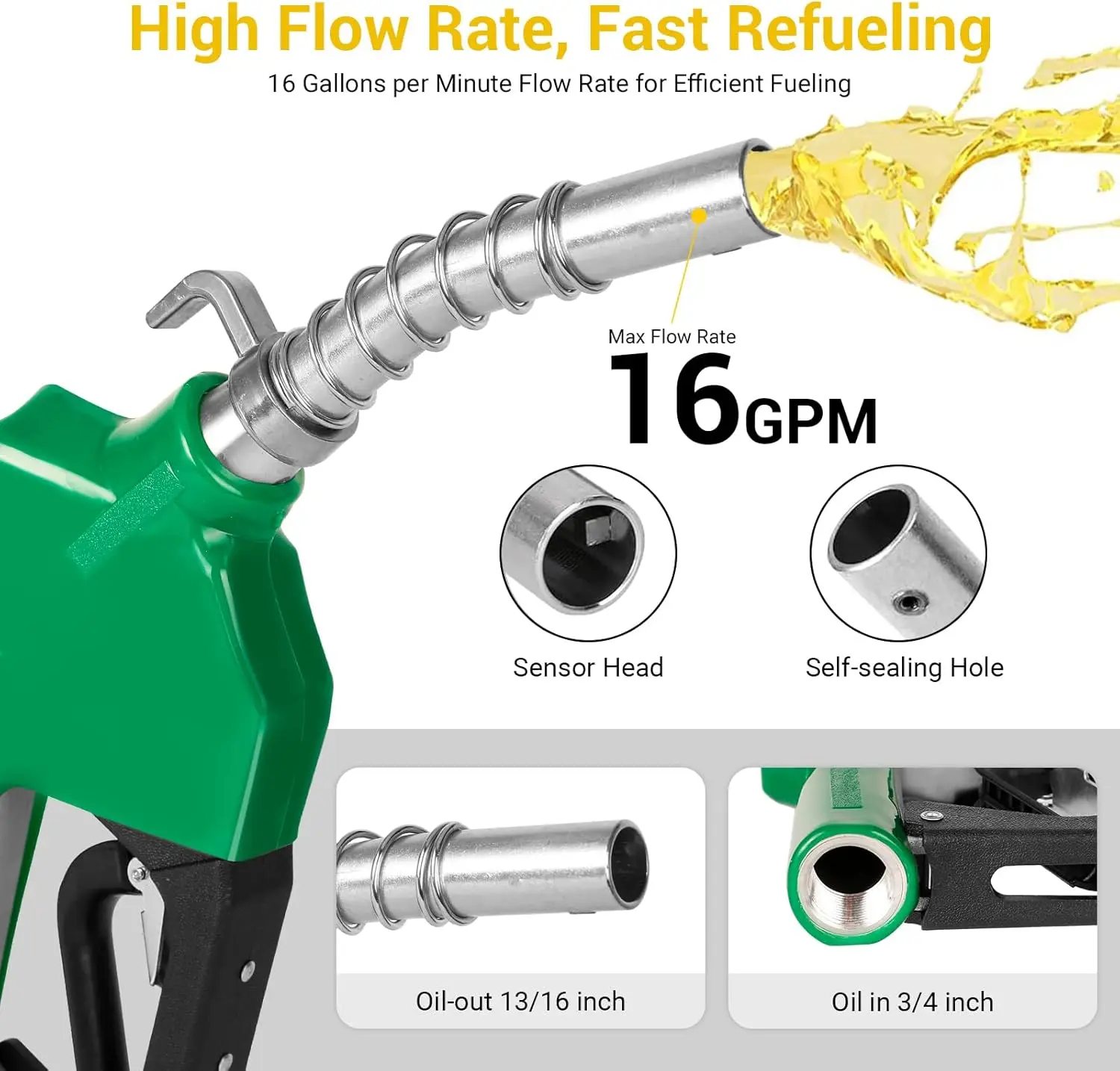3/4" NPT Automatic Fuel Nozzle with 3-speed Padlock 16 GPM Max Flow Rate Auto Shut Off 13/16" Spout with Anti-slip spring