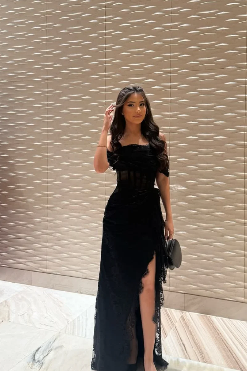 Jessica Lace Embroidery Evening Dresses Black Sexy Side Slit Prom Dresses Princess A-line Vestidos De Gala Customized