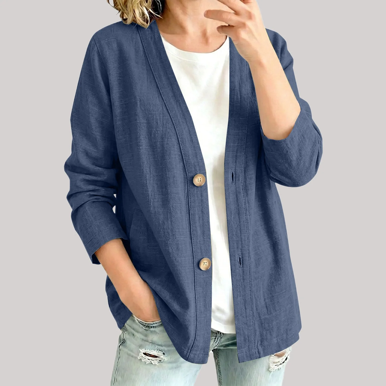 2026 new autumn long sleeved women's jacket, loose casual solid color V-neck button up cardigan jacket