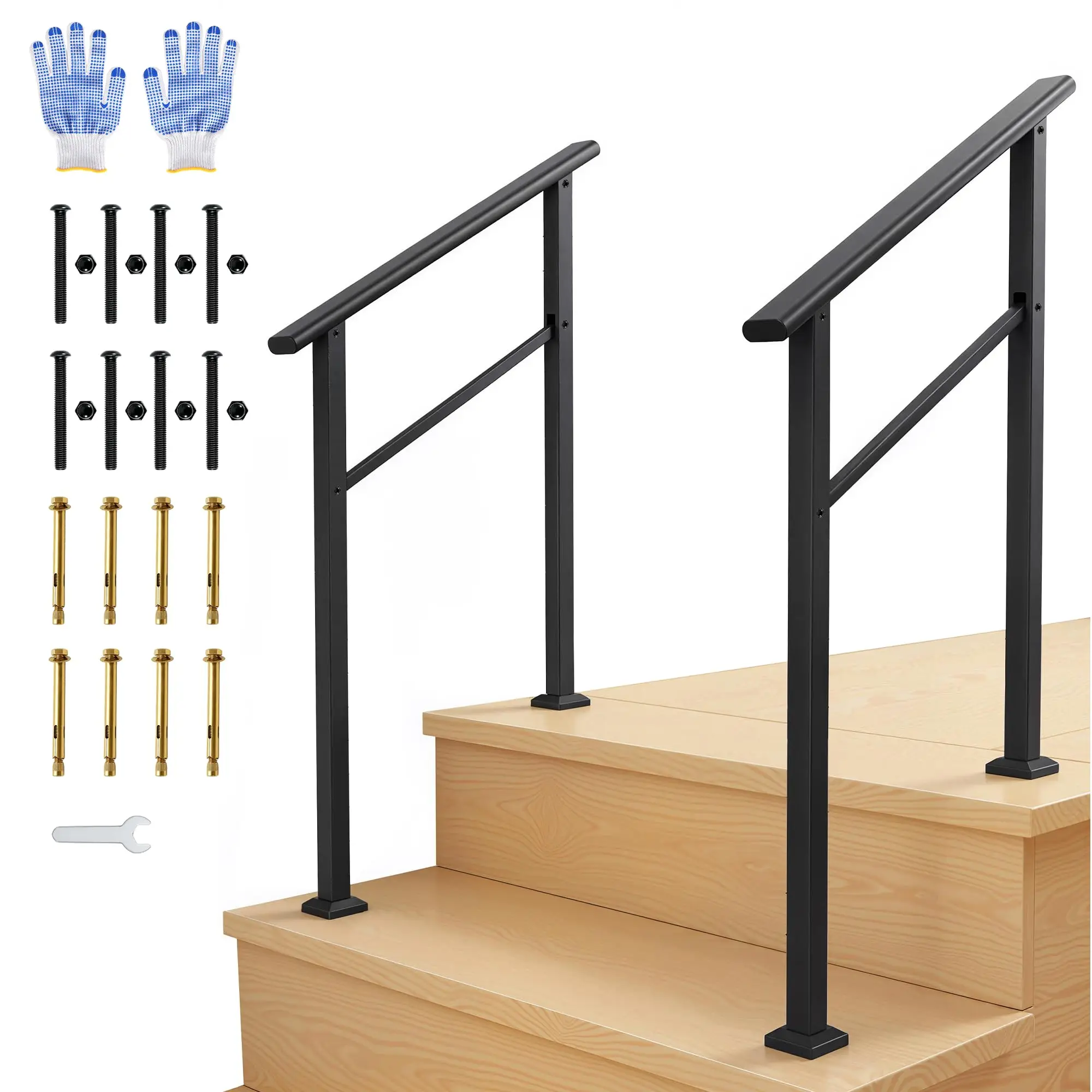 Supports de main courante en métal pour escaliers extérieurs et intérieurs à 2 à 5 marches – ensemble de garde-corps avec hauteur réglable pour porche, pont ou marches en béton