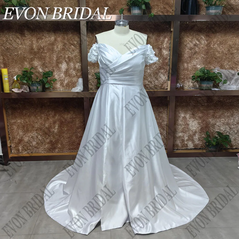 EVON BRIDAL Sexy Wedding Dress Plus Size Satin A-Line Lace Up Vestidos De Novia Off Shoulder V Neck Side Split Bridal Gowns