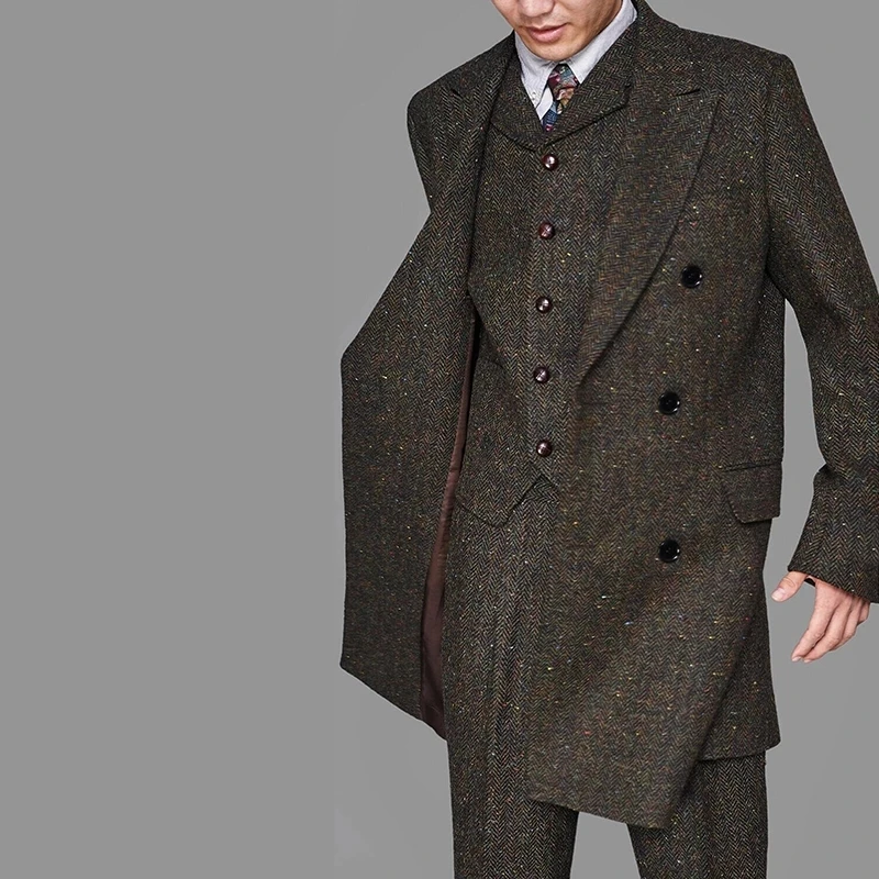 New Fashion Winter Mens Suits HerringboneThree-Pieces Suit Tweed Vintage Business Formal Jacket Vest And Pants Costume Homme