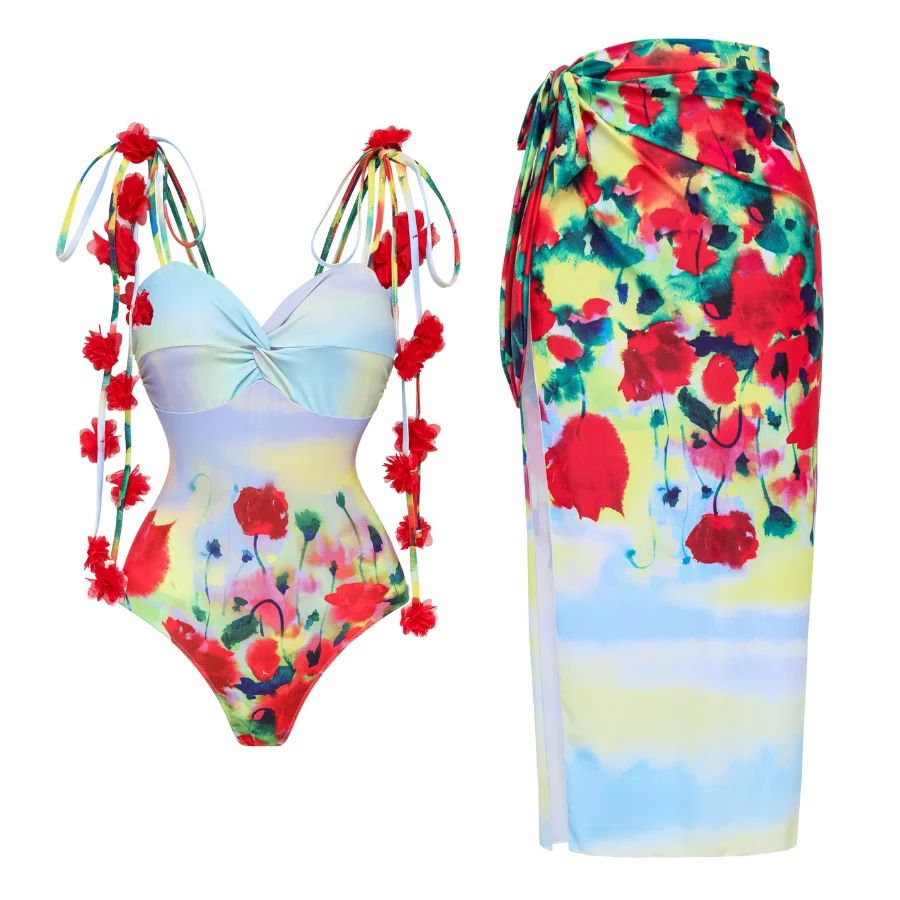 2024 New Women Tie-shoulder Phantom Garden One Piece Swimsuit and Sarong Swimwear Beachwear Bathing Suit Bikini Two Piece