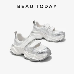 BEAUTODAY Chunky sneakers damskie syntetyczna skóra okrągłe Toe Hook & Loop letnie oddychające buty sportowe na świeżym powietrzu dla pań 29A18