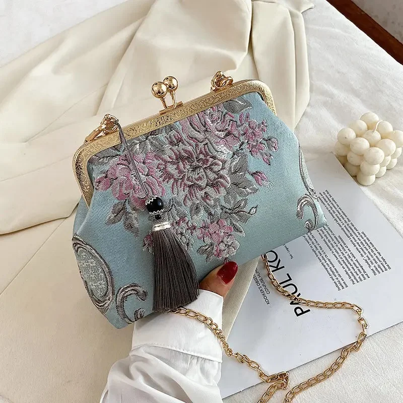 Łańcuch damska torba na ramię Crossbody Messenger torebki damskie jesień Vintage moda kwiaty torba torby pocałunek zamek torby z muszli torba — zdjęcie 2