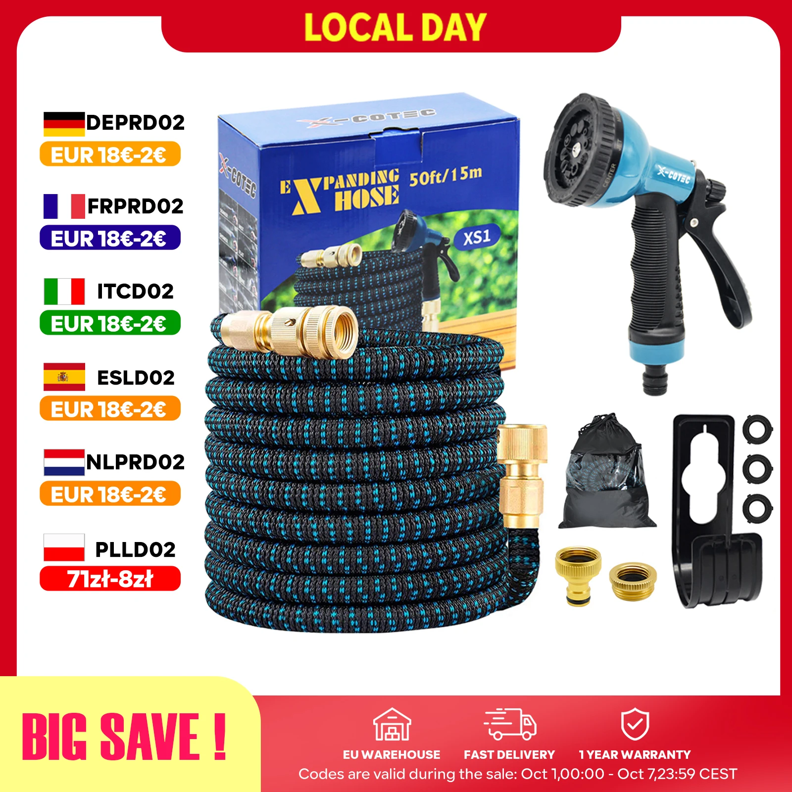 X-COTEC Tubo da Giardino Espandibile 15m/30m, Tubo dell'Acqua Flessibile con Connettori in Ottone 1/2" 3/4" e Pistola 10 Funzioni per Irrigazione e Lavaggio Auto