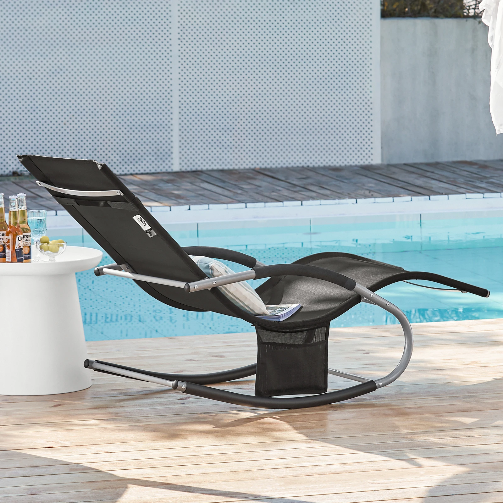 SoBuy OGS28 Sonnenliege Gartenliege wetterfest Liegestuhl Schaukelstuhl mit Kopfkissen Outdoor Terrasse Balkon Camping bis 150kg – Detail 3