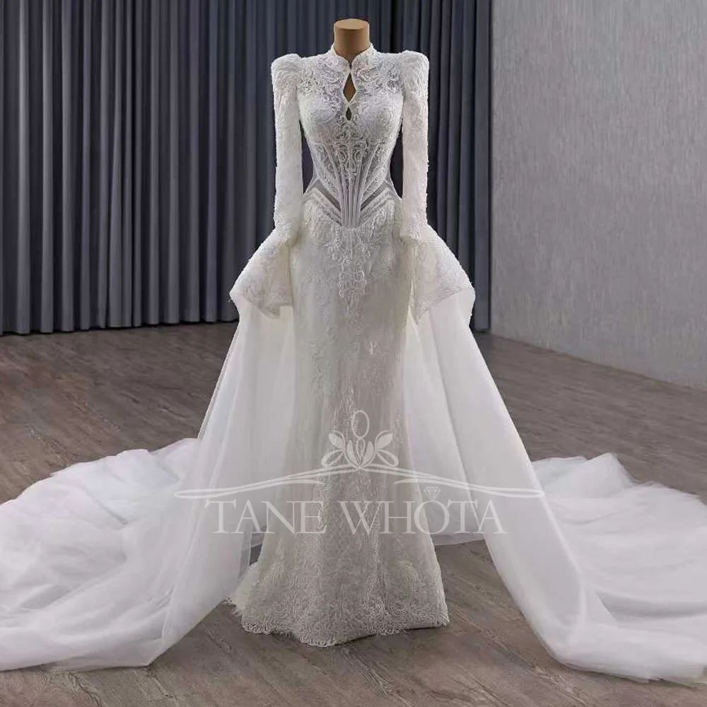 

Lace Bridal Dresses Long Sleeves High Neck Button Back Wedding Dress Customized For Brides