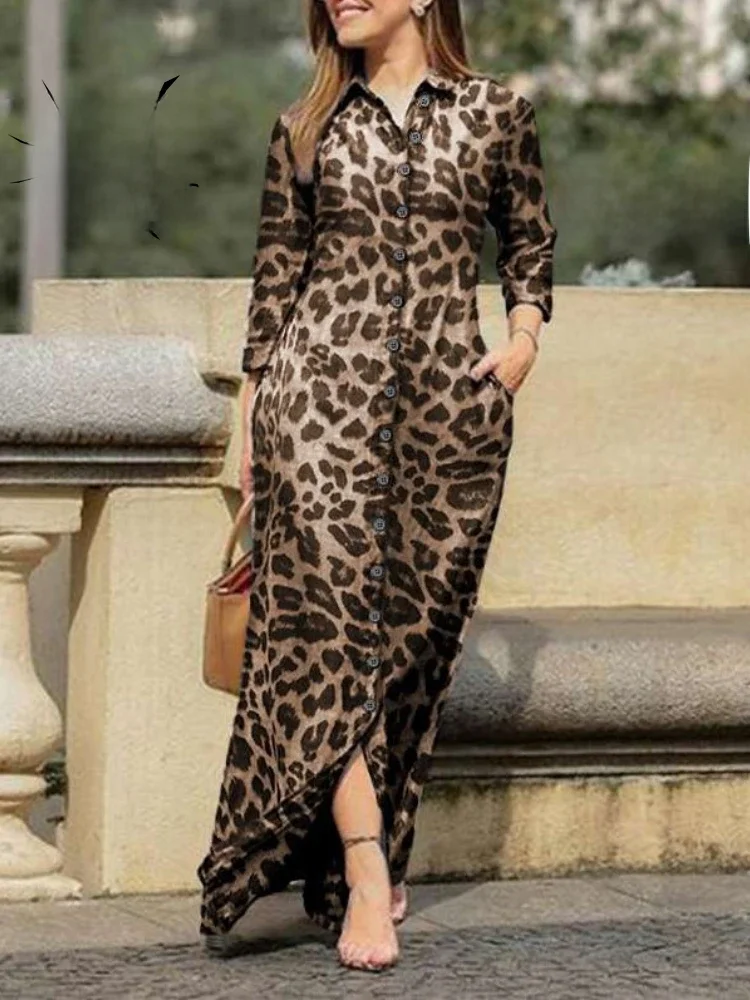 2024 Summer Fashion New Leopard Pattern Women's Dress Flip Collar Slim Fit Long Retro Style Elegant Single Breasted Long Dress — zdjęcie 2