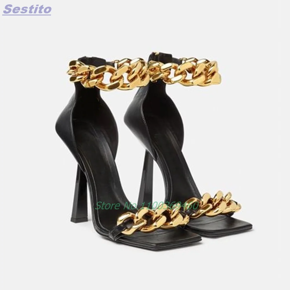 Metal Chunky Chain Square Toe Sandals Stiletto High Heels Back Zipper Ankle Strap Solid Color Cover Heel Sexy Women Shoes Modern