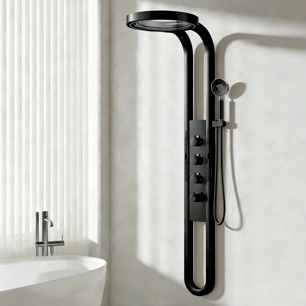Ensemble de douche mural avec écran LED numérique, panneau de robinetterie, écran de douche cascade et système de douche pour salle de bain
