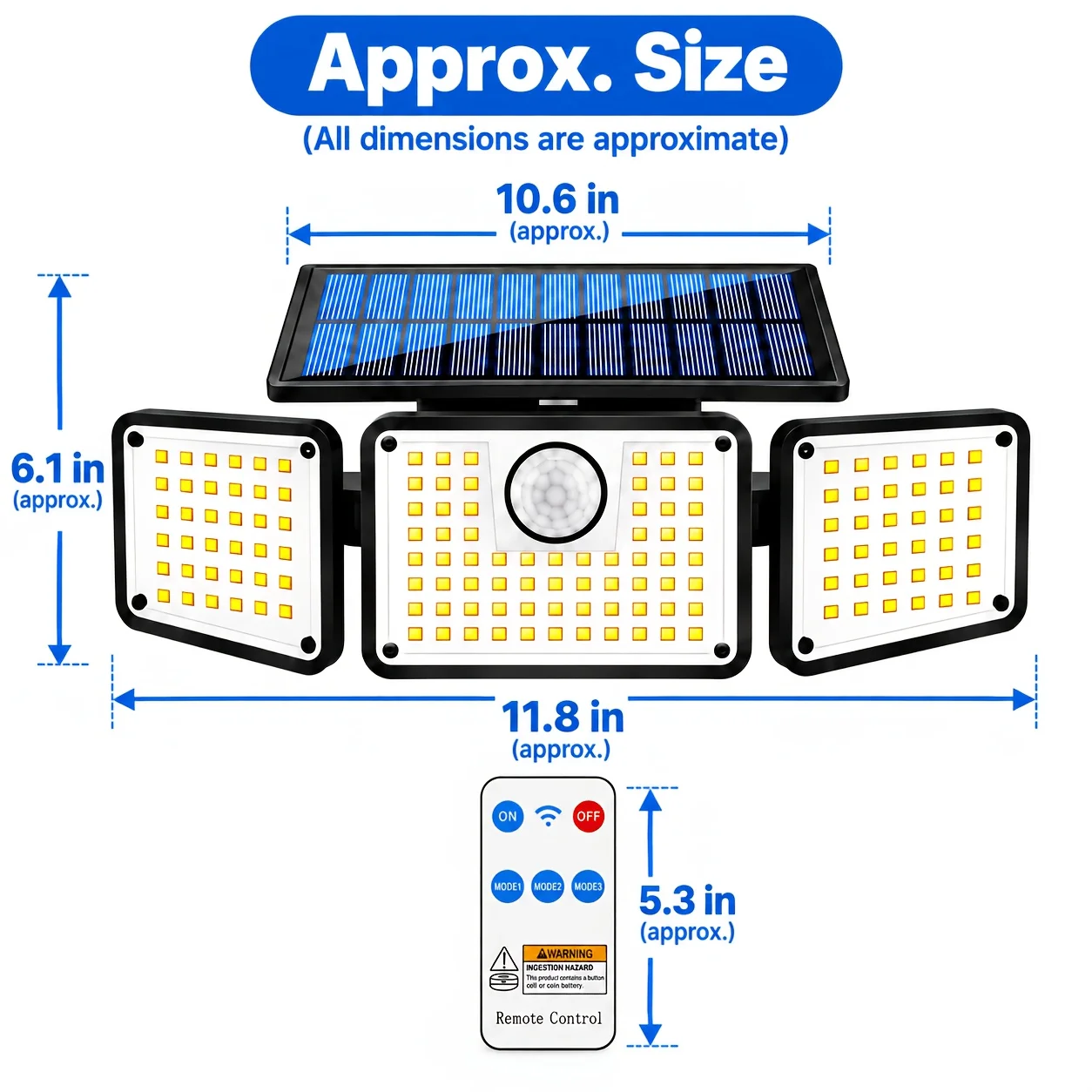1PCS 218LED Solar Motion Sensor Outdoor Light with Remote Control, 3 Adjustable Heads, 270° Wide Angle, 3 Lighting Modes, IP65 Waterproof Solar Security Wall Light for Garage, Yard, Patio & Porch